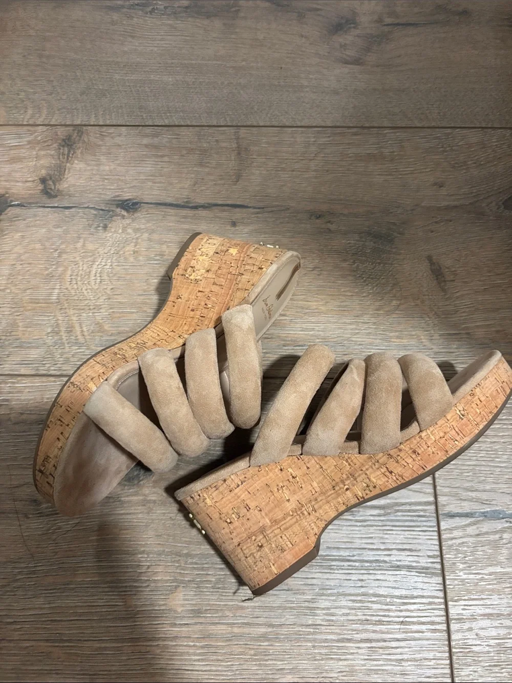 Sam Edelman Beige Suede Padded Strap Wedge Sandals